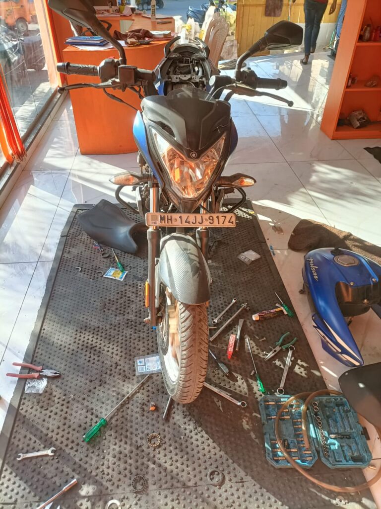 Showcasing front part of the bike motor bike